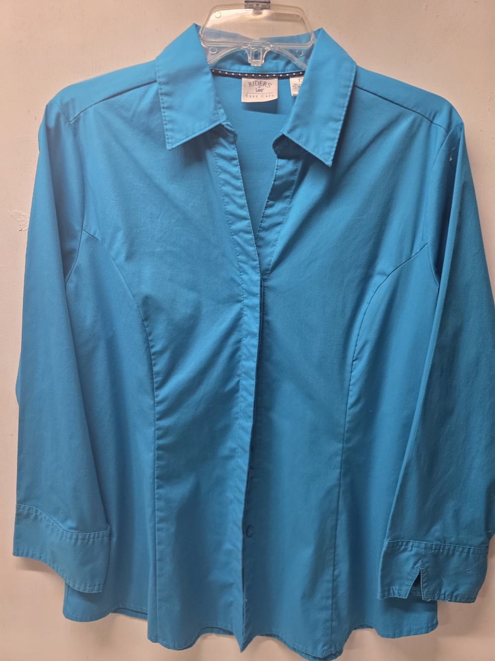 Riders by Lee Womens Large Turquoise Blue Button Down Stretch Blouse Shirt L